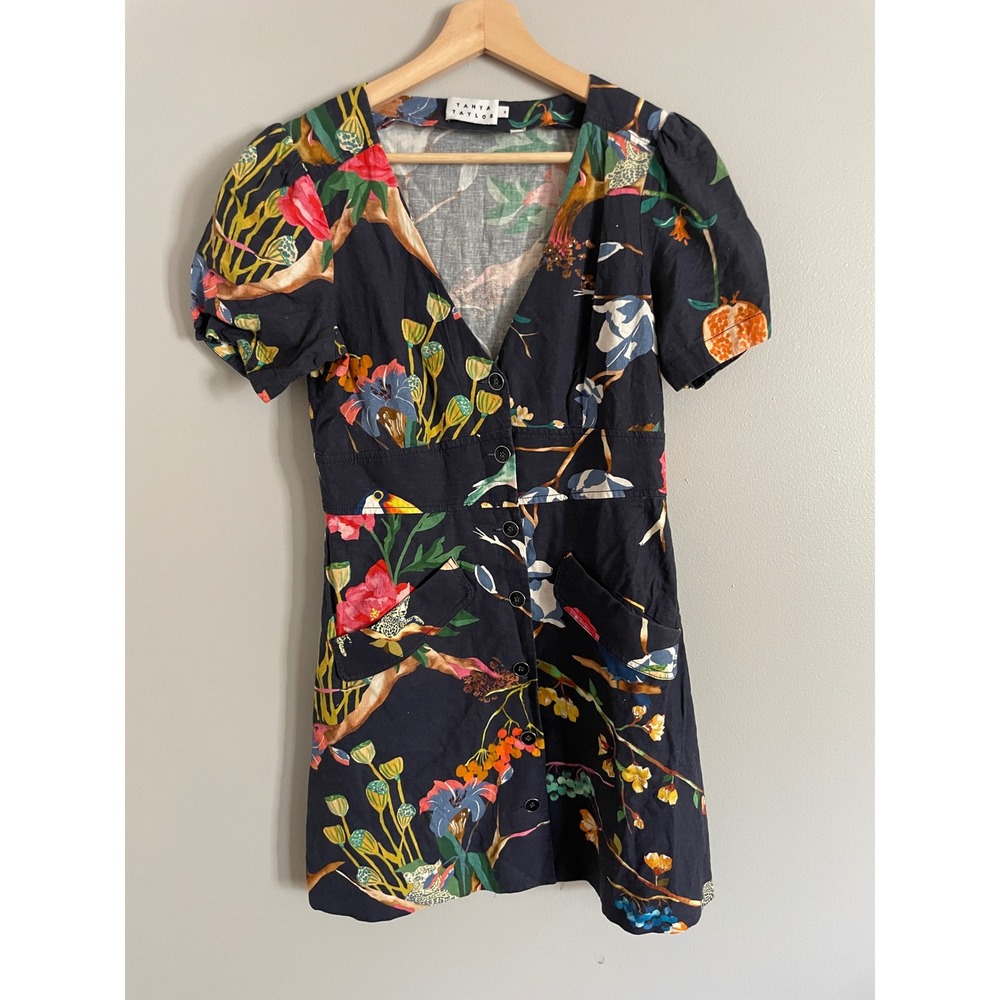 Tanya Taylor Mini Dress Artsy 6 Navy Floral Leopard Print Linen Blend Summer